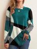 Women's Round Neck Long Sleeve Tunic Top Oversized Fit Urban Geometric Color Block Print Side Button Casual Polyester Blouse