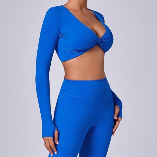 Long Sleeve Workout Tops for Women Twist Front Deep V Neck Cropped Athletic Top Yoga Pilates Gym Outfit