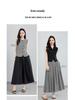 Xin Ge Stylish Black Sleeveless Suit Vest & Pleated Linen Skirt Set