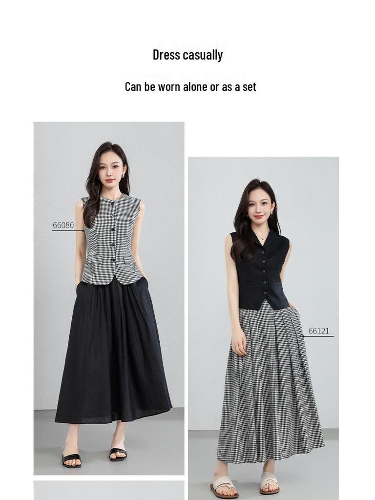 Xin Ge Stylish Black Sleeveless Suit Vest & Pleated Linen Skirt Set