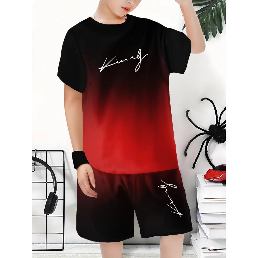 Kids Clothes King Letter Theme Gradient Printed Set for Boys  Summer Outdoor Children's Casual Fashion Streetwear Outfit