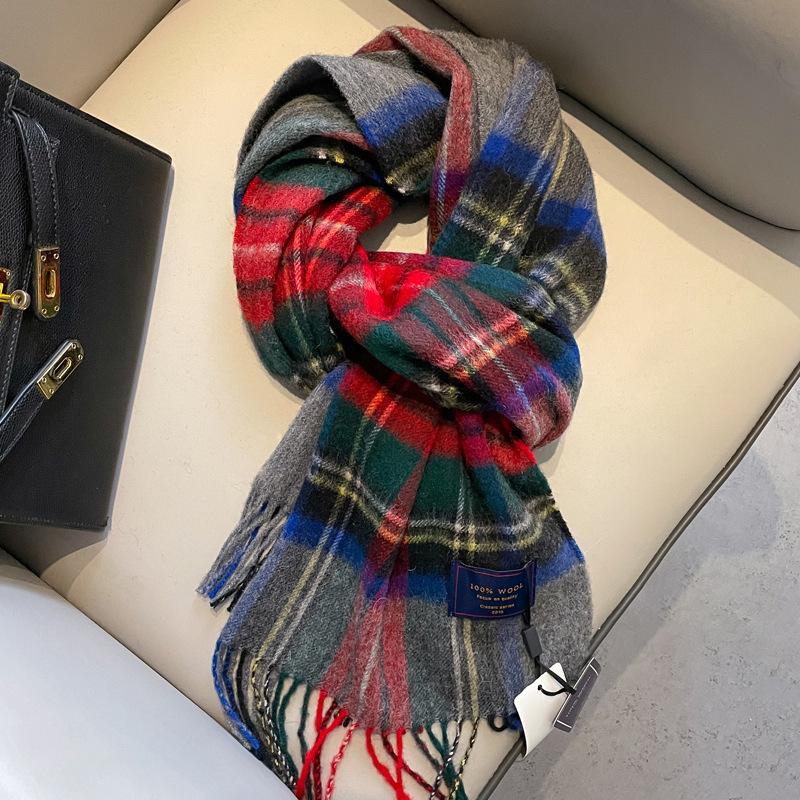 Red plaid 100 pure wool scarf women's winter high-end small plaid scarf