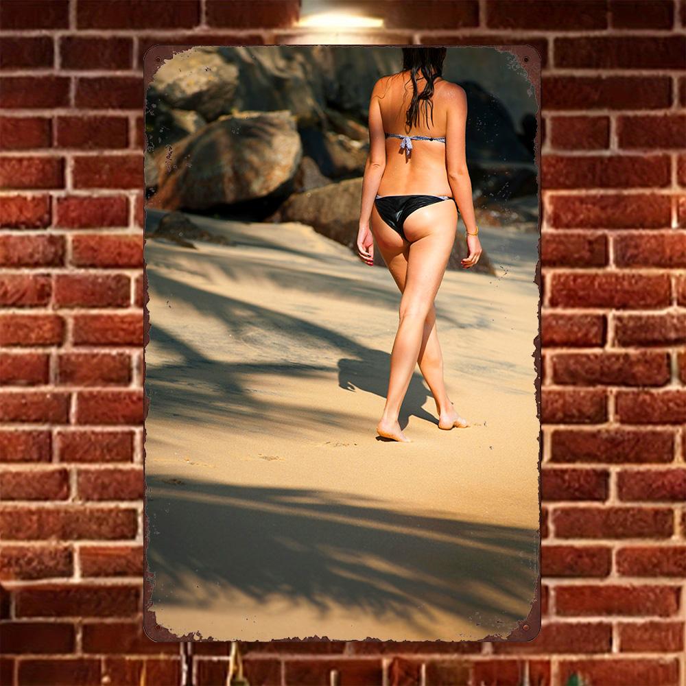 HD Metall Blechschild Strand Bikini Mädchen Rückansicht Tropische Wanddeko für Bar Man Cave