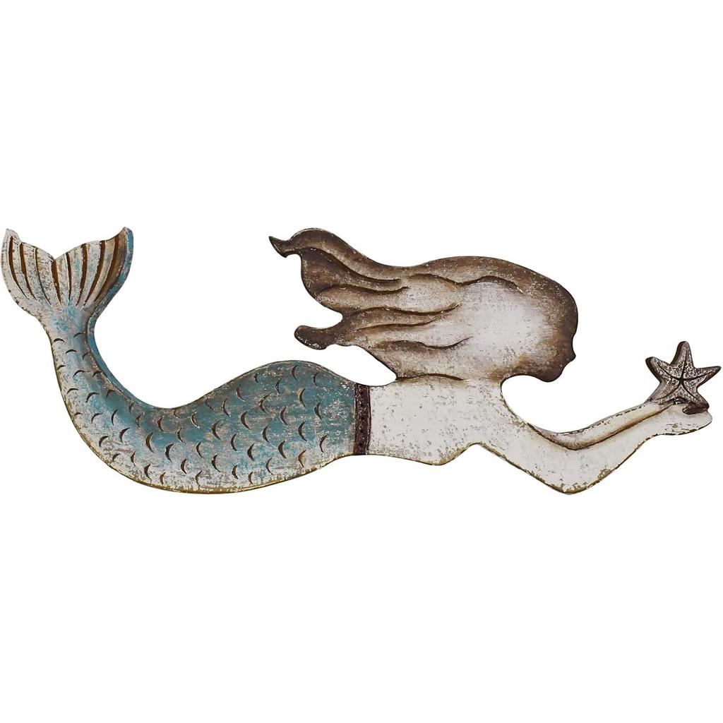 Rustic Wood Mermaid Decor Hanging Nautical Wall Decor, Wooden Mermaid Plaque Wall Sculpture Bathroom Beach Themed Decorations Coastal Mediterranean