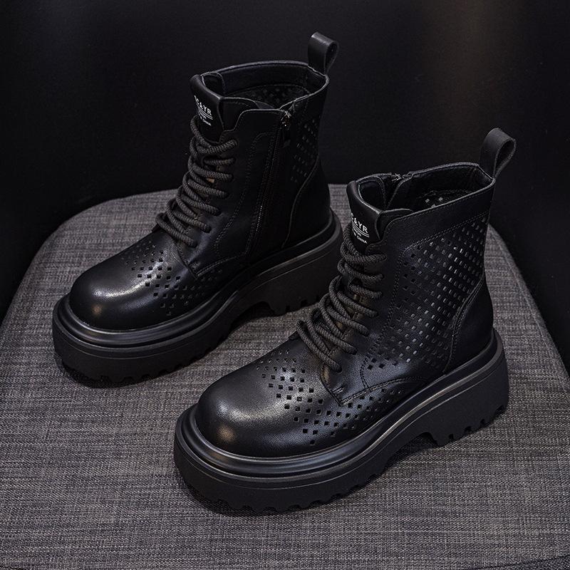 Fashion Boots 2025 Summer Leather Punched Short Tube Workwear Boots British Style Casual Fashion Versatile Women's Boots