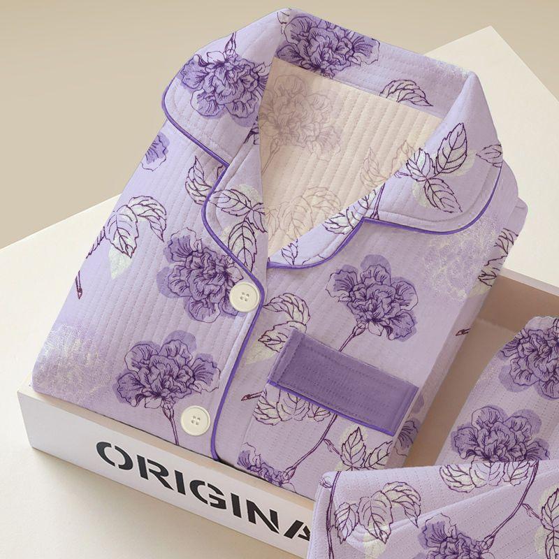 

Женский утолщенный теплый пижамный комплект Осень Зима Хлопковая подкладка Длинный рукав Принт Кардиган Домашняя одежда Комплект из двух предметов 3XL