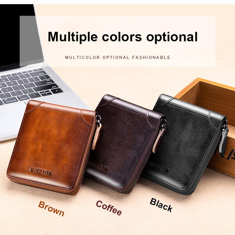 Echtes Leder-Geldbörse für Herren, RFID-blockierende Bifold-Reißverschluss-Geldbörsen, obere Schicht Rindsleder, multifunktional, ID-Kreditkartenhalter, Münztasche