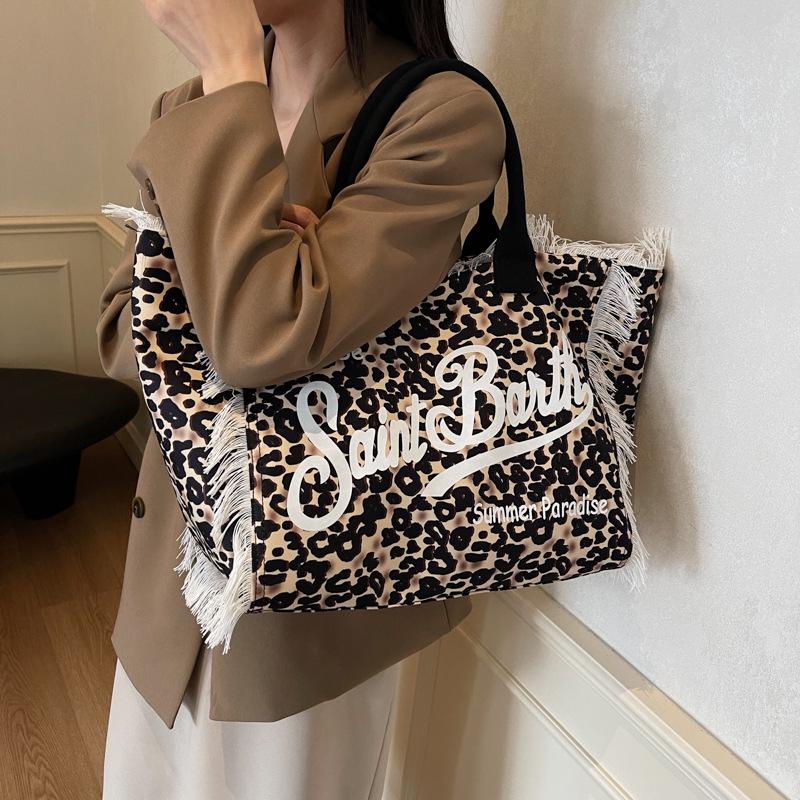 Saint Barth Damen Tragetasche aus Canvas mit Leopardenmuster und Quasten, großes Fassungsvermögen