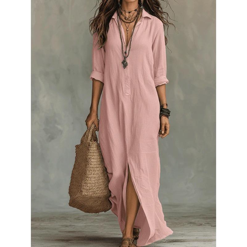QICED Fashion Autumn Winter V-Neck Long Sleeve Solid Color Print Casual Dresses