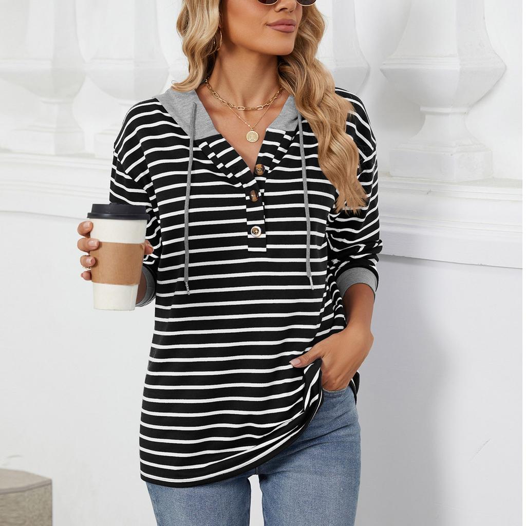Women Sweatshirt Long Sleeve Collared Pullover Tops Fall Outfits Striped Tops