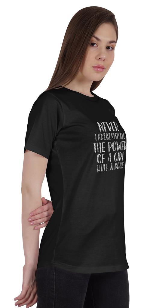 Inkmeso Womens Quote Top   Never Underestimate The Power Of A Girl With A Book   Graphic Print Tee