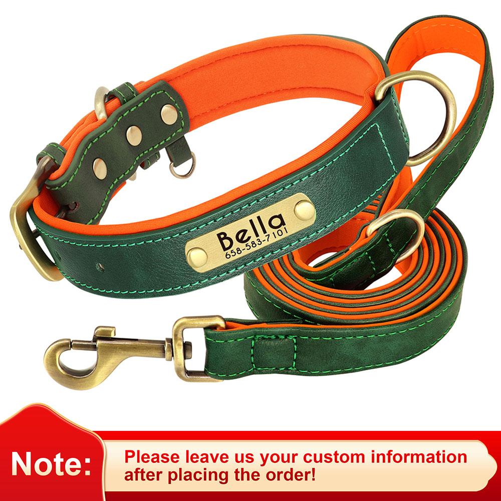 Personalized Dog Collar Leash PU Leather Dogs Collars Pet Rope Engraved Pet ID Name Necklace for Small Large Dogs Soft Padded