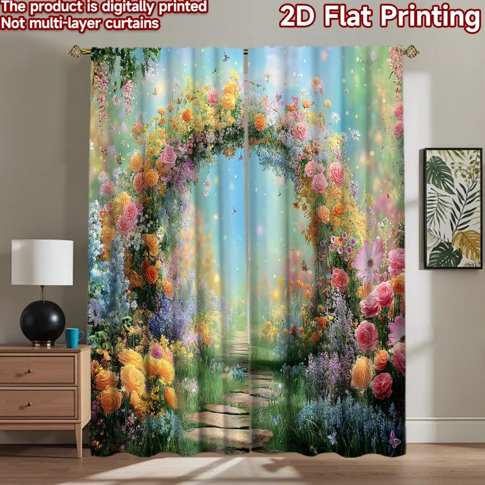 2D flat printing 2pcs Curtain Enchanted Garden Arch Flowers Butterflies Digital Printed Polyester Drapes Family Party for Indoor