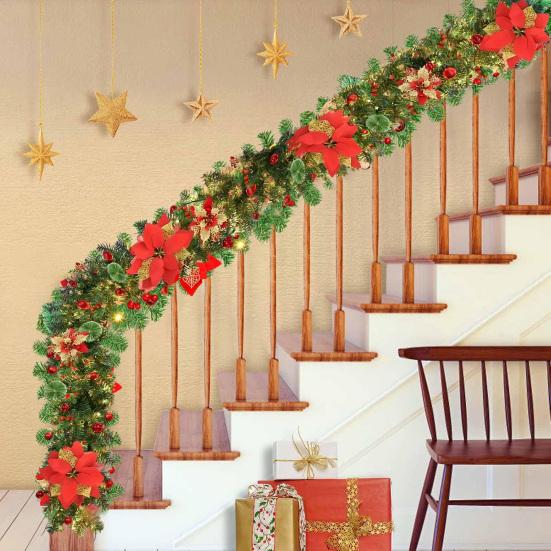 180CM Artificial Christmas Garland with Light Simulation Flower Holly Berry Red Balls Fake Rattan Mantle Fireplace Porch Indoor Outdoor Decoration