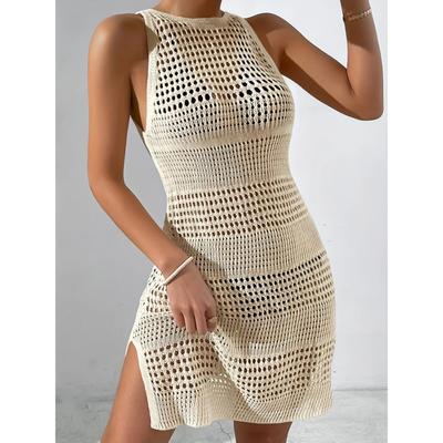 Sexy Aushöhlen Split Gestrickte Kleid Frauen Sommer Y2k Oansatz Ärmelloses Dünnes Kleid Weibliche Mode Chic Solide Streetwear Party Kleidung