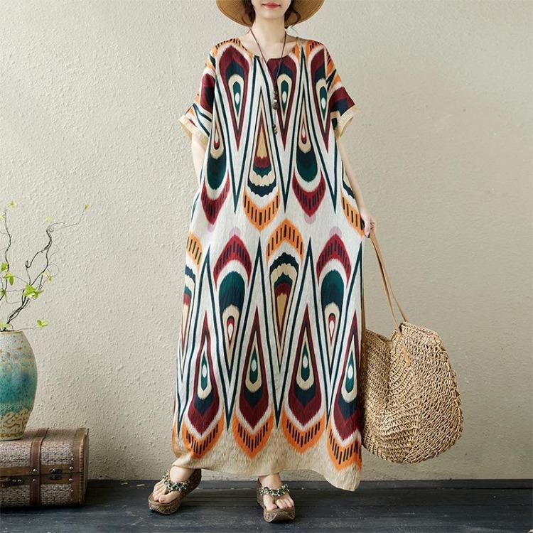 

Johnature Women Casual Summer Dress Bohemian Style Loose Round Neck Beach Resort Print Pockets Simple One Size