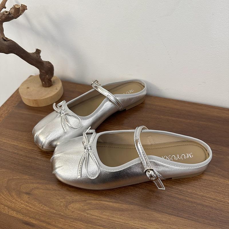 

Плоская подошва одно слово с женскими туфлями Мэри Джейн 2025 лето новый сказочный стиль бант сумка голова пряжка крутые шлепанцы 40 серебряный