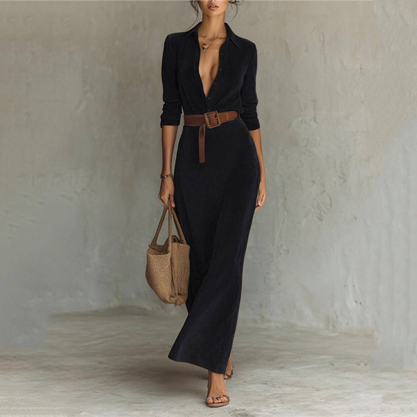 Women s Long Sleeve Lapel Button Suede Wrap Long Dress Warm Casual Belted Dress L