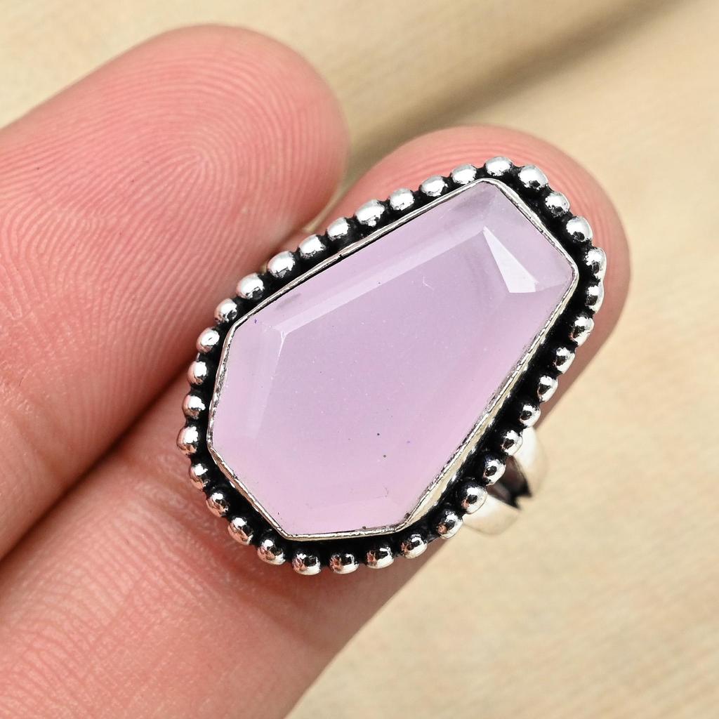Pink Chalcedony Gemstone Handmade Solid 925 Sterling Silver Jewelry Anniversary Ring For Her