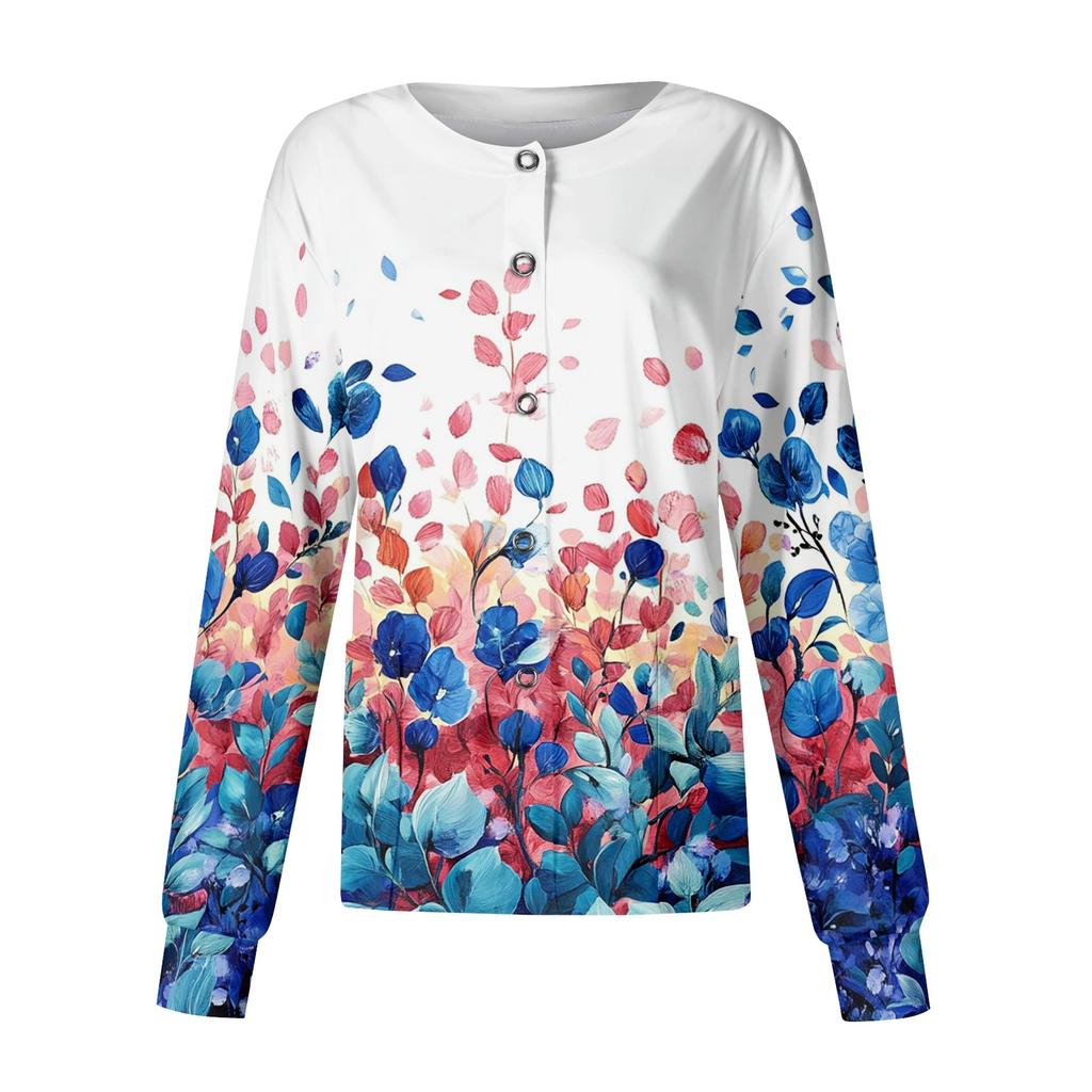 Women's Casual Long Sleeve Single Breasted Floral Print Caregiver Cardigan Top Lightweight Button Up Shirt for Daily Wear