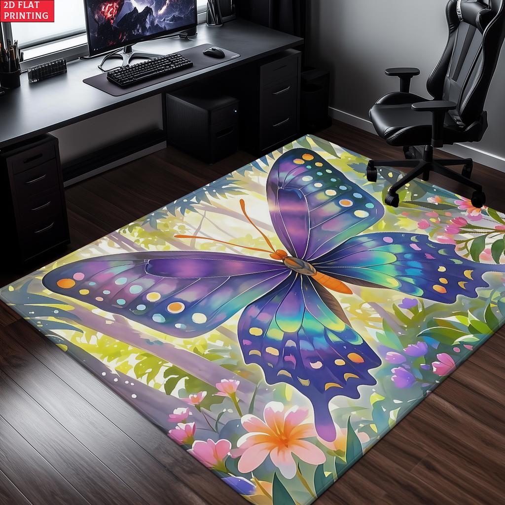 Watercolor Butterfly Floral Area Rug,Non-Slip Jungle Print Carpet for Living Room Bedroom, Aesthetic Nature Floor Mat Home Decor