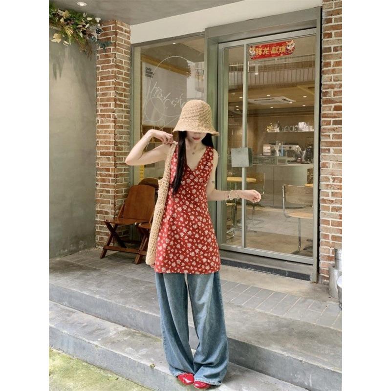 Red retro floral suspender dress women's summer new tea pure desire French temperament V-neck Hong Kong style skirt