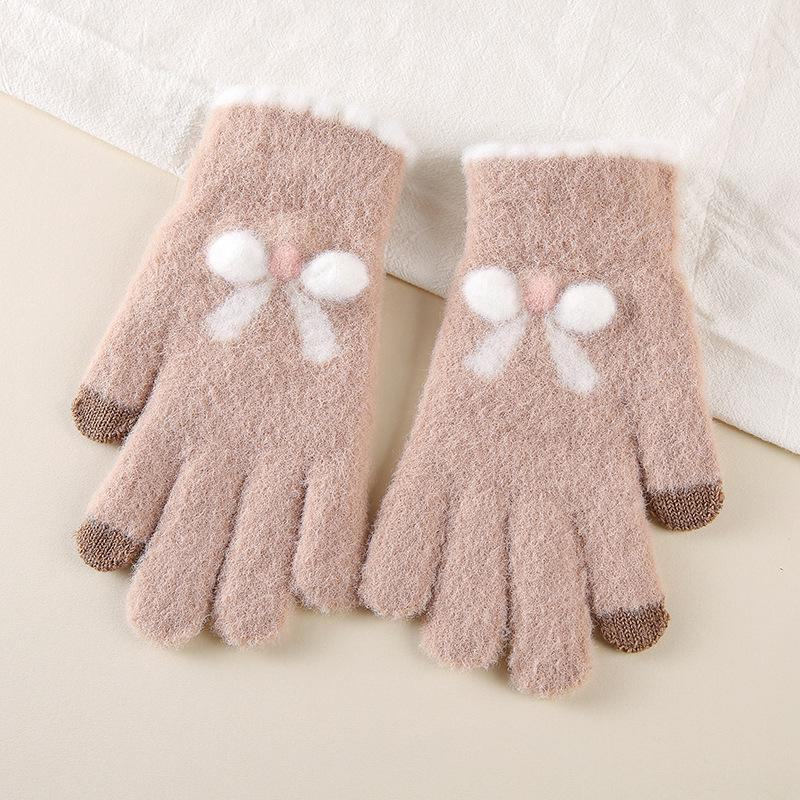 Damehansker i ull med sløyfe og berøringsskjerm - Varme, strikkede, søte, femfingrede, ideelle for sykling om høsten/vinteren og studenter.