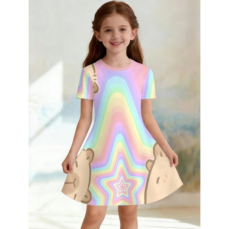 Girl K-POP Idol Group Printed T-shirt Dress, Pink Purple Block Casual Dress, Suitable for Fans and Children's Birthdays As Gifts
