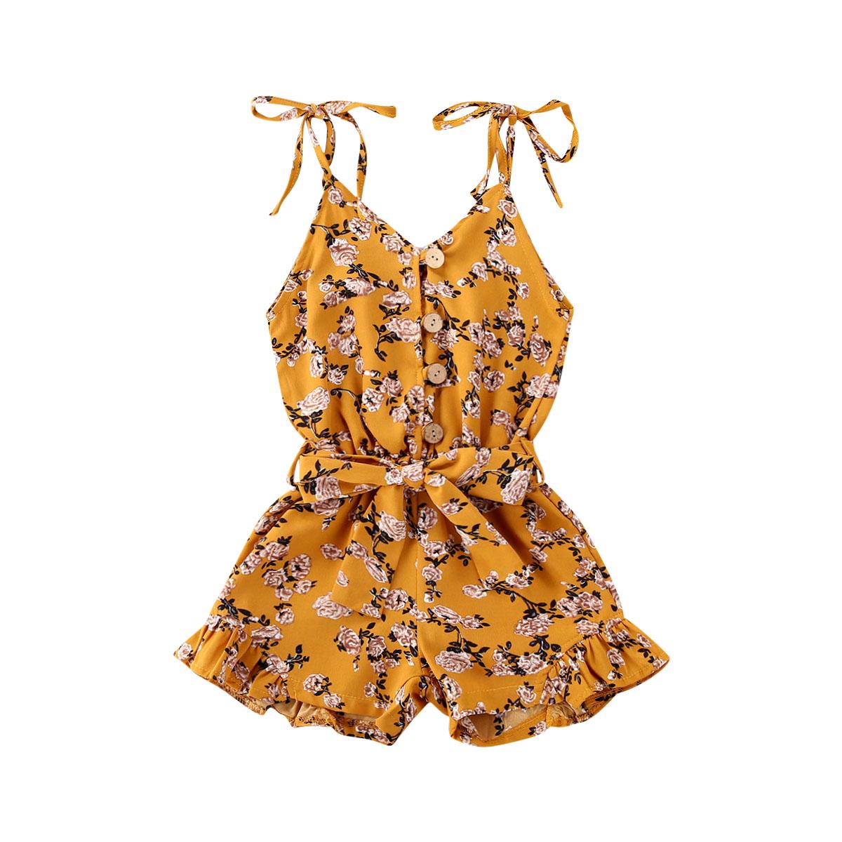 

Детская летняя свежая одежда, открытые комбинезоны на тонких бретельках с цветочным принтом и V-образным вырезом на пуговицах 5-6 Years коричневый