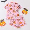 Ladies Pajamas Halloween Printed Lapel Short Sleeve Shorts Loungewear Set