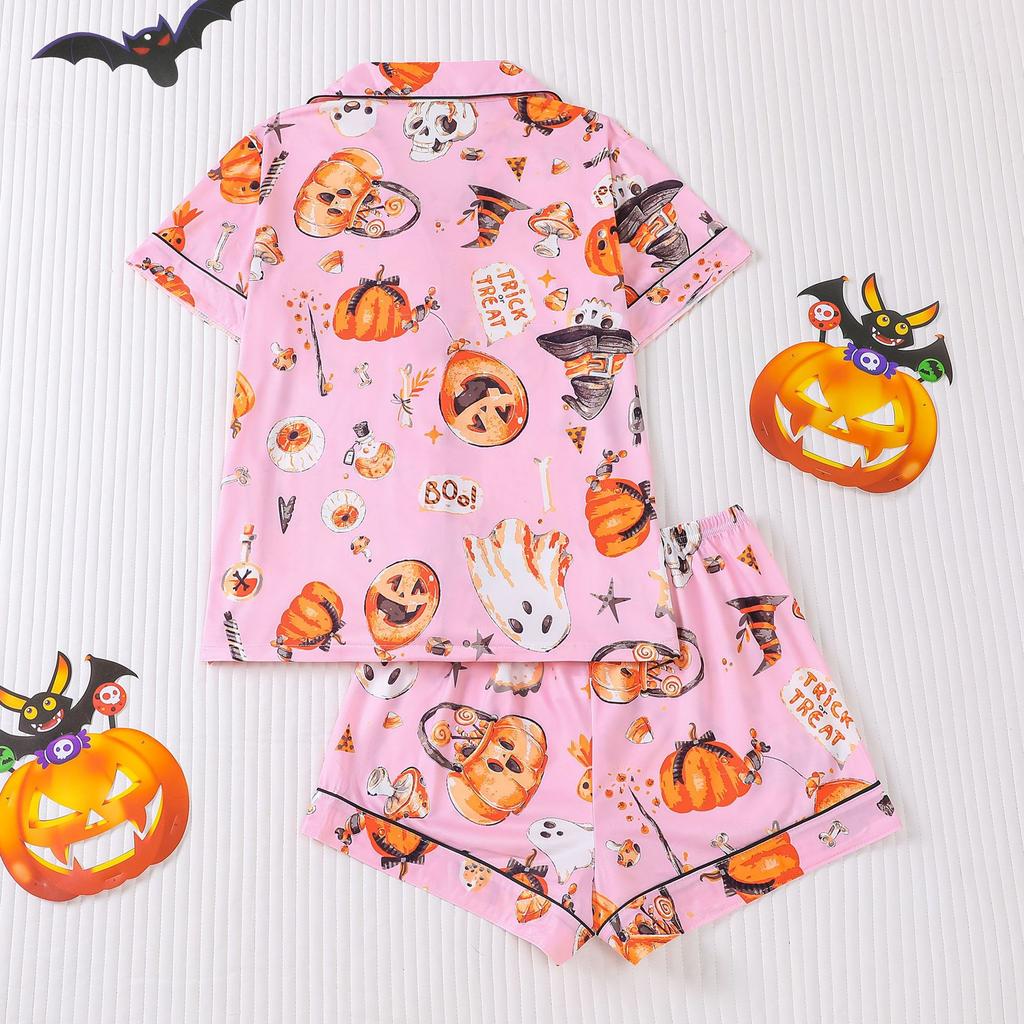 Ladies Pajamas Halloween Printed Lapel Short Sleeve Shorts Loungewear Set