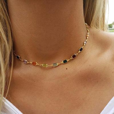 Elegant Rainbow Crystal Necklace & Double-Sided Bracelet Set with Colored Gemstones