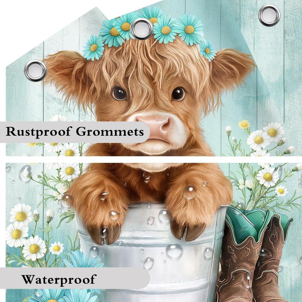 Funny Highland Cow Shower Curtain, Teal Western Cute Rustic Country Farmhouse Daisy Floral Turquoise Bathroom Curtain Decor,Kids