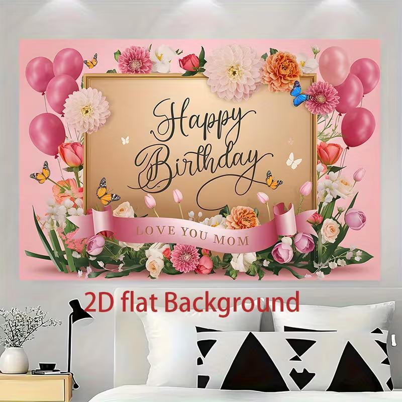 Love You Mom Birthday Party Tapestry, Pink Flower & Butterfly Photo Booth Decor