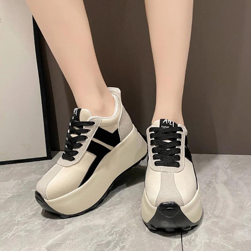 Fashion Women Casual Sports Shoes 7.5CM Heels High Platform Sneakers Wedge Height Increase Footwear Leather White Comfy Chunky Sneakers