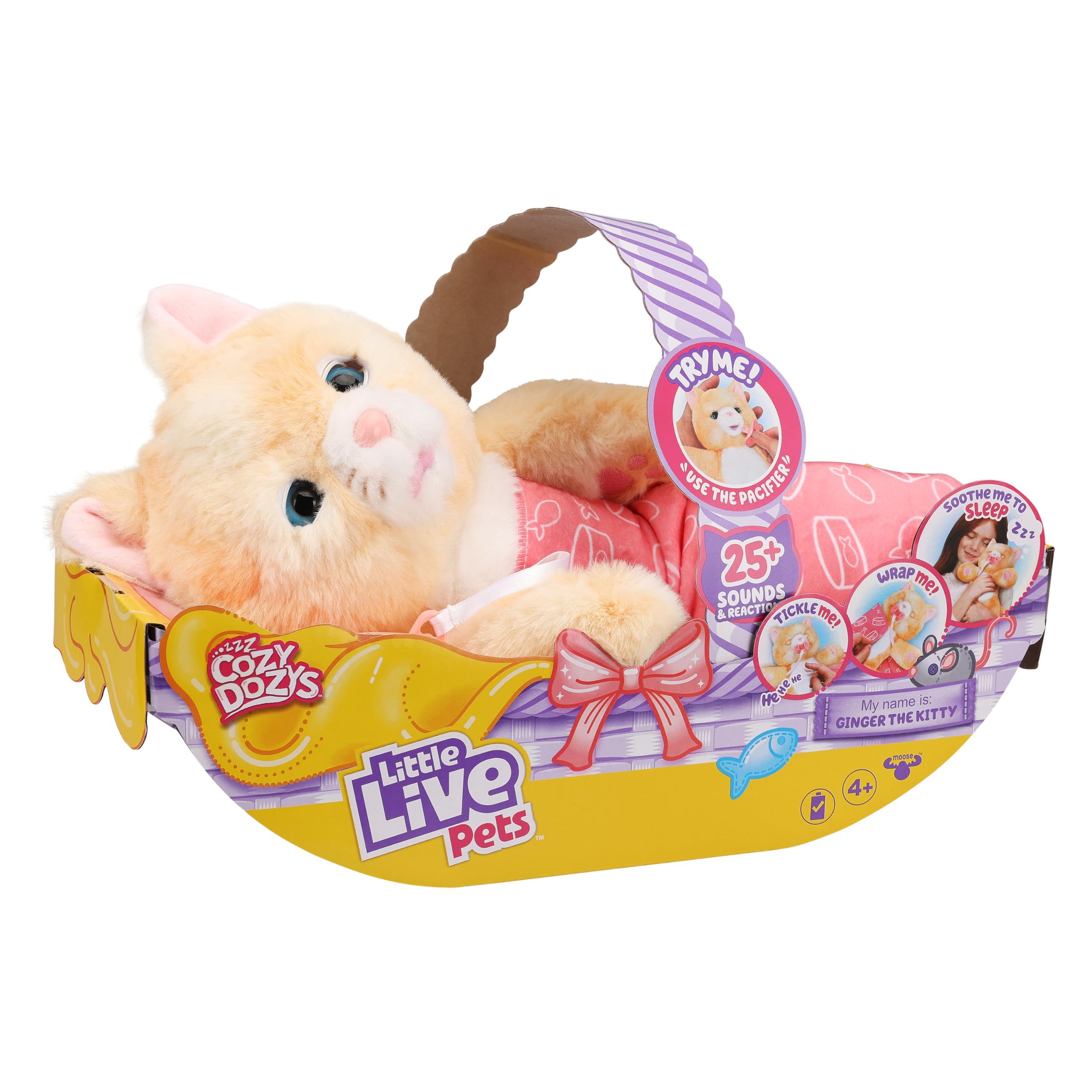 

Little Live Pets Cozy Dozys Джинджер Котенок Интерактивная плюшевая игрушка с одеялом и пустышкой, 25+ звуков, возраст 4+ бежевый