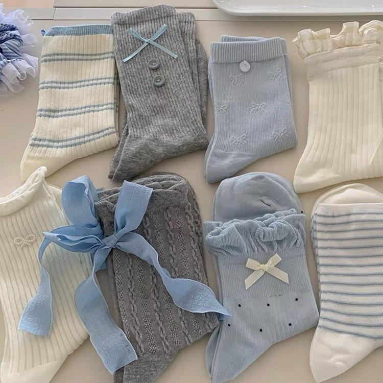 Bow Socks Women'S Mid-Tube Socks Spring And Autumn Cotton Socks Girl Cute White Ballet Style Spring Stockings