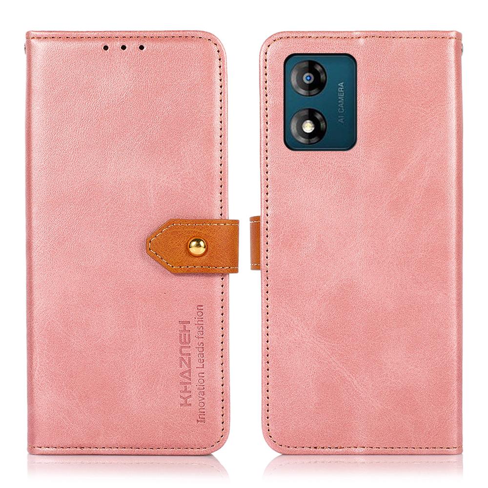 

KHAZNEH For Motorola Moto E13 4G Phone Wallet Case Cowhide Texture PU Leather Gold Buckle Stand Phone Cover Rose Gold