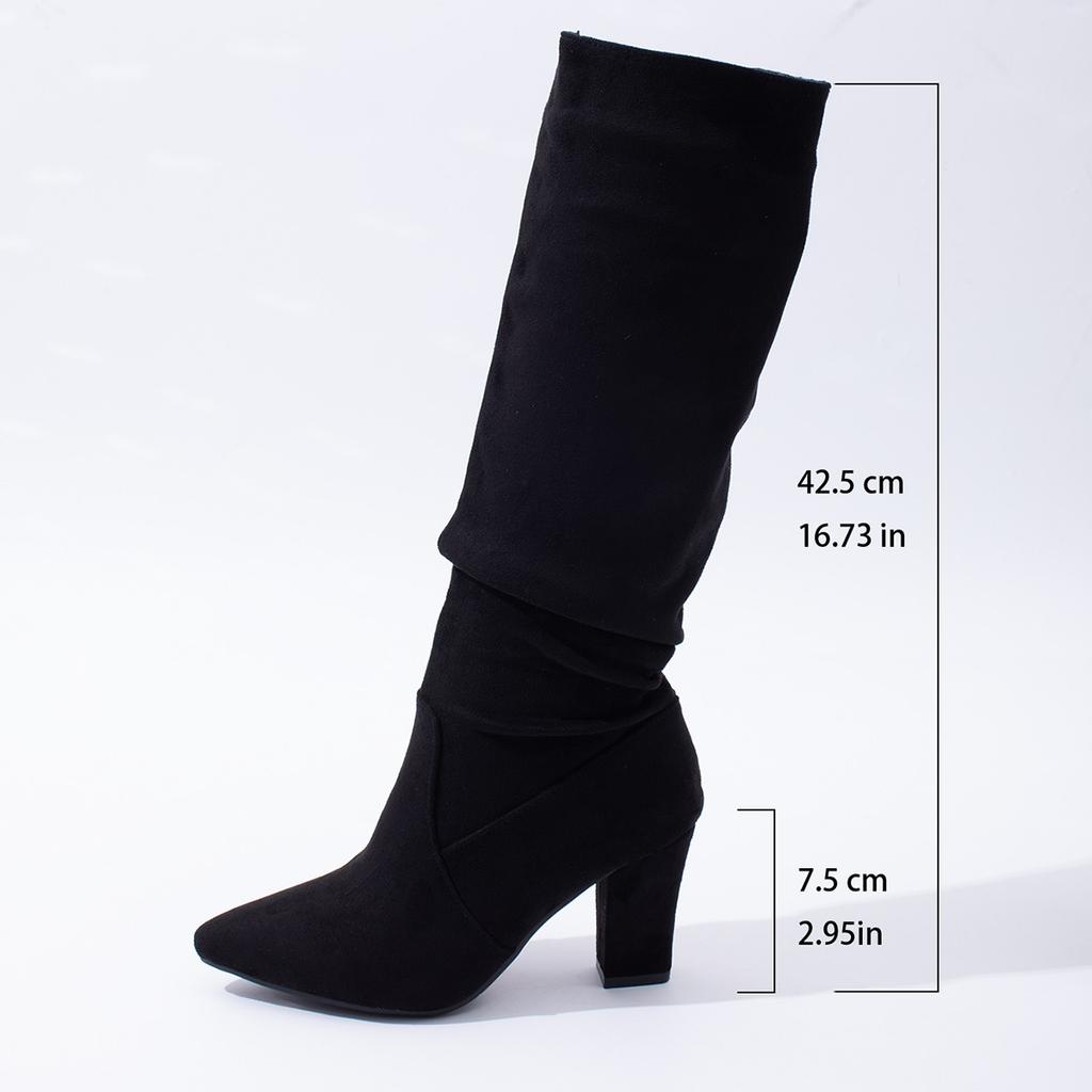 Fashion Elegant Cream White Faux Suede Knee Boot Woman Point Toe Block Heel Pull-on Long Booties Ladies Autumn Pleated Design High Botas
