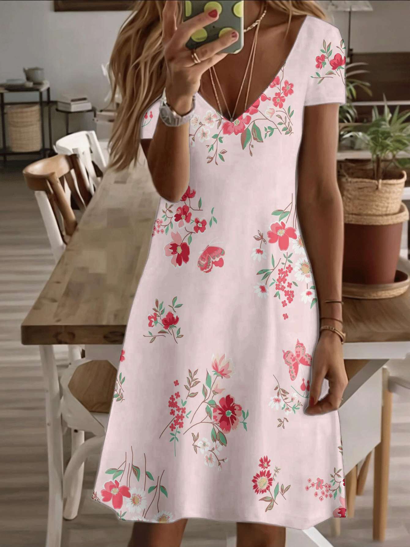 

Vneck shortsleeve midi dress floral butterfly print 3D premium graphic durable casual fashion elegant summer women’s outfit with soft breathable fabr 2XL дубильна кора