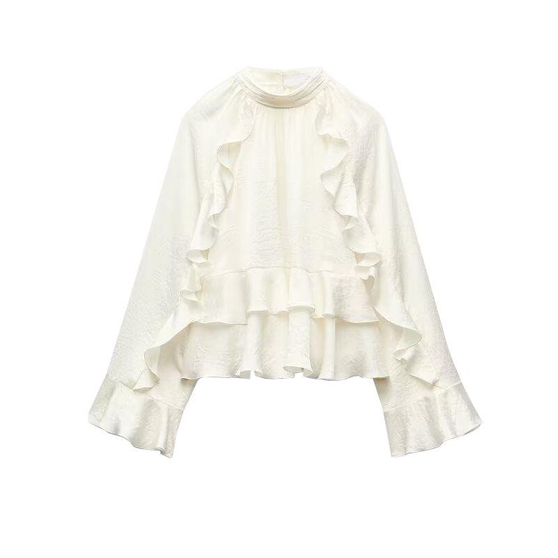 

Spring New Women s Clothing American Retro Casual Stand Collar Long Sleeves Laminated Decoration Shirt Tops 2234900 White L