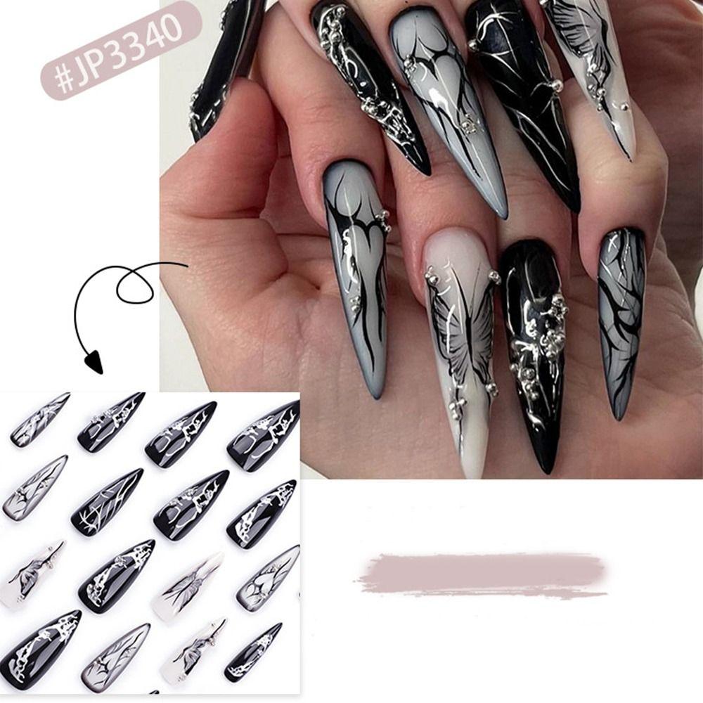 24pcs Manicure Long Almond False Nails Stiletto Stained Love Butterfly Flame Fake Nials Detachable Ballerina Press on Nails DIY
