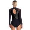 Womens Figure Skating Bodysuit Color Block Patchwork Keyhole Back Sheer Mesh Long Sleeve Rhinestone Leotard