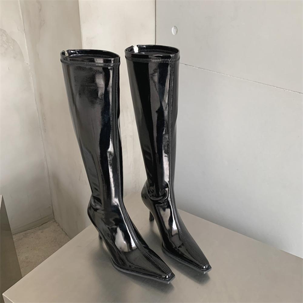 Fashion Patent Leather Women Knee High Boots Pointed Toe Knight Botas Thin High Heels Back Zipper Black Red Beige Soft Party Winter Bota