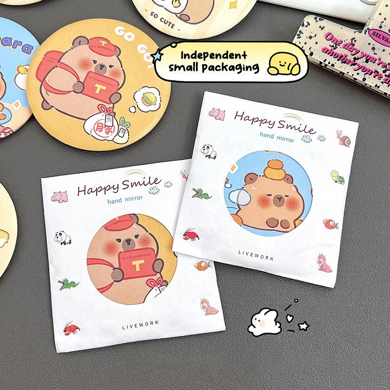 Oglindă portabilă, drăguță, rotundă, mică, oglindă de machiaj cu capibara din desene animate, buzunar simplu, oglindă de machiaj compactă pe o singură față, cadouri mici