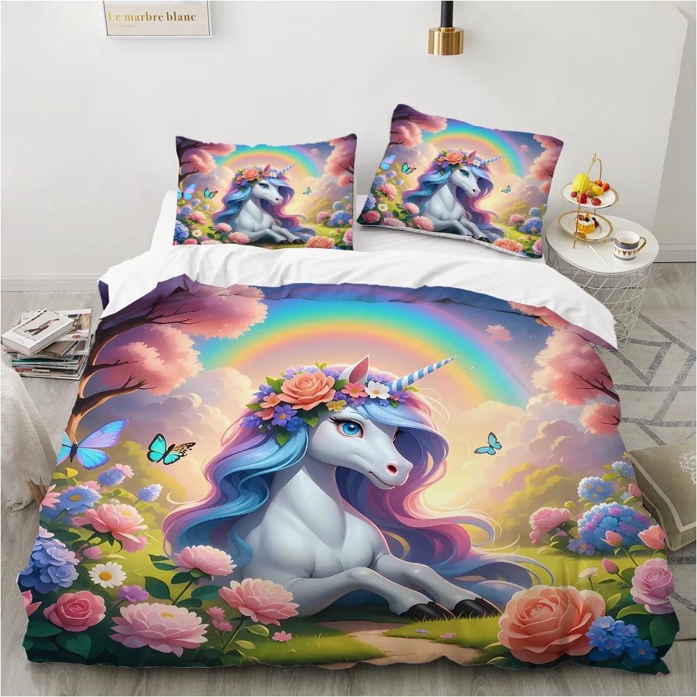 Cute Cartoon Unicorn Duvet Cover Set, Rainbow Floral Kids Bedding, 3D Printed Soft Microfiber Quilt Cover Pillowcase