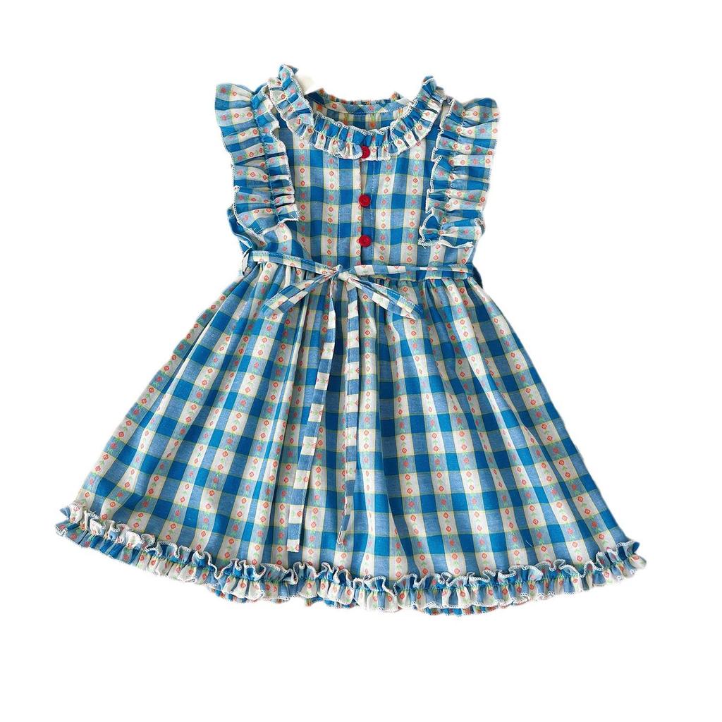 Girls' Princess Dress Plaid Vest Dress, Children's Flying Sleeve Dress, Summer Casual Girls' Dress