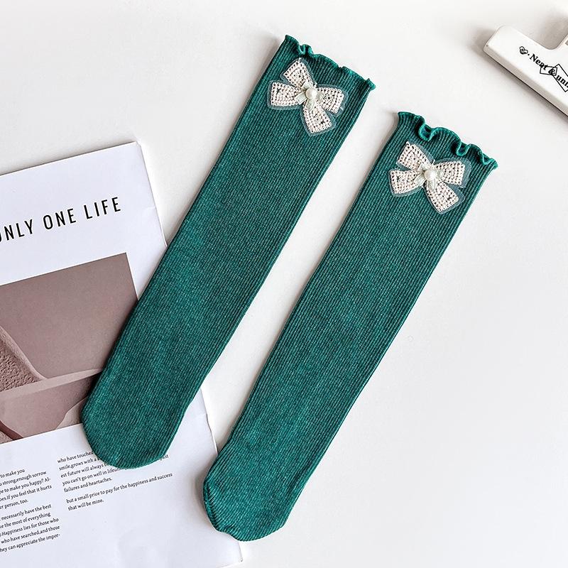 Children's Socks Girls' Solid Medium Long Socks Baby Cotton Comfortable Knee-high Socks With Bows And Lace Trim