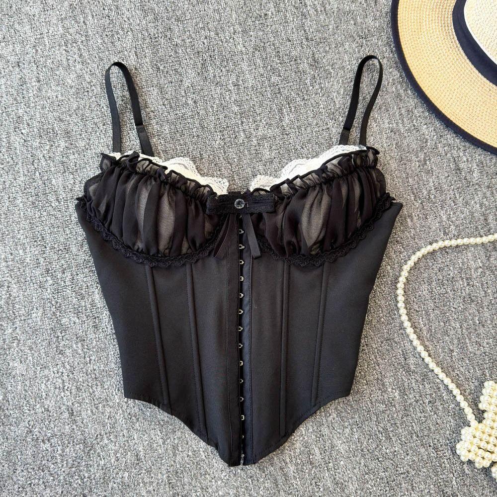 Bowknot Lace Corset Ruffle Suspender Vest Spicy Girl Style Lace Flower Camisole  Ladies