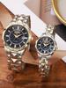 New Elegant Quartz Watch Couple's Watch Blue Disc with Diamond Calendar Functional Steel Chain Quartz Watch Set Daily Match